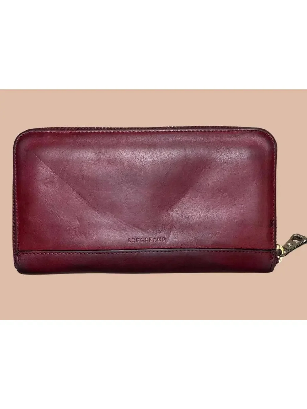 Longchamp Vintage Burgundy Leather Zip Wallet EUC